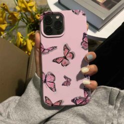 Uçuşan Pembe Parıltılı Kelebekler Baskılı Silikon Telefon Kılıfı