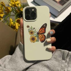 Yarı Ay Çiçeği Yarı Turuncu Kelebek Baskılı Silikon Telefon Kılıfı
