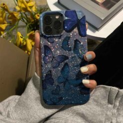 Laçivert Bol Parıltılı Kelebekler Baskılı Silikon Telefon Kılıfı