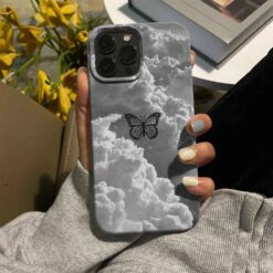 Gri Bulutlar Minimal Gri Kelebek Baskılı Silikon Telefon Kılıfı