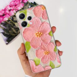 Pembe Çiçekler Ve Yeşil Yapraklar Krem Renkli Silikon Telefon Kılıfı