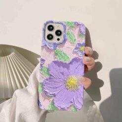Mor Çiçekler Yeşil Yapraklı Yağlı Boya Tasarımı Pembe Renkli Silikon Telefon Kılıfı