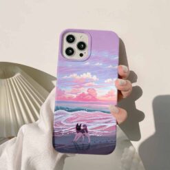 Mor Mavi Ve Pembe Karışımlı Manzara Ve Köpek Krem Renkli Silikon Telefon Kılıfı