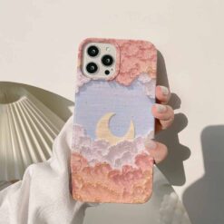 Pembe Tonları Mavi Arka Planlı Ay Krem Renkli Silikon Telefon Kılıfı