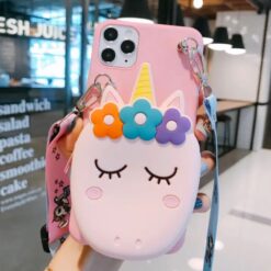 Unıcorn Cüzdanlı Ve Askılı Pembe Silikon Telefon Kılıfı