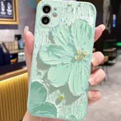 Yeşil Çiçek Yağlı Boya Baskılı Silikon Telefon Kılıfı