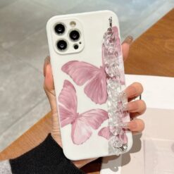 Uçan Kelebekler Desenli Baskılı Beyaz Renkli Bilek Geçmeli Zincirli Silikon Telefon Kılıfı