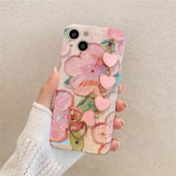 Yaprak Ve Çiçek Desenli Baskılı Bilek Geçmeli Zincirli Silikon Telefon Kılıfı