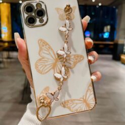 Beyaz Renkli Kelebekler Desenli Bilek Geçmeli Parlak Zincirli Silikon Telefon Kılıfı