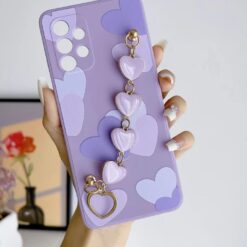 Mor Ve Pembe Kalp Desenli Baskılı Bilek Geçmeli Zincirli Silikon Telefon Kılıfı