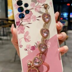 Çiçek Desen Baskılı Bilek Geçmeli Zincirli Silikon Telefon Kılıfı