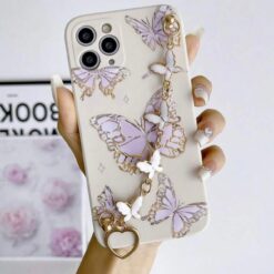 Beyaz Renkli Kelebekler Desenli Bilek Geçmeli Zincirli Silikon Telefon Kılıfı