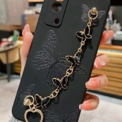 Gri Renkli Kelebek Desenli Bilek Geçmeli Zincirli Silikon Telefon Kılıfı