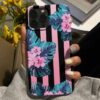 Pembe Çizgili Tropik Çiçekler Tasarımlı Silikon Telefon Kılıfı