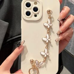 Krem Renkli Bilek Geçmeli Zincirli Silikon Telefon Kılıfı