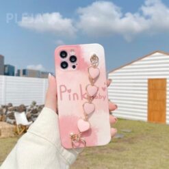 Pembe Bebek Yazılı Baskılı Bilek Geçmeli Zincirli Silikon Telefon Kılıfı