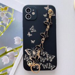 Siyah Renkli Kelebek Desenli Bilek Geçmeli Zincirli Silikon Telefon Kılıfı